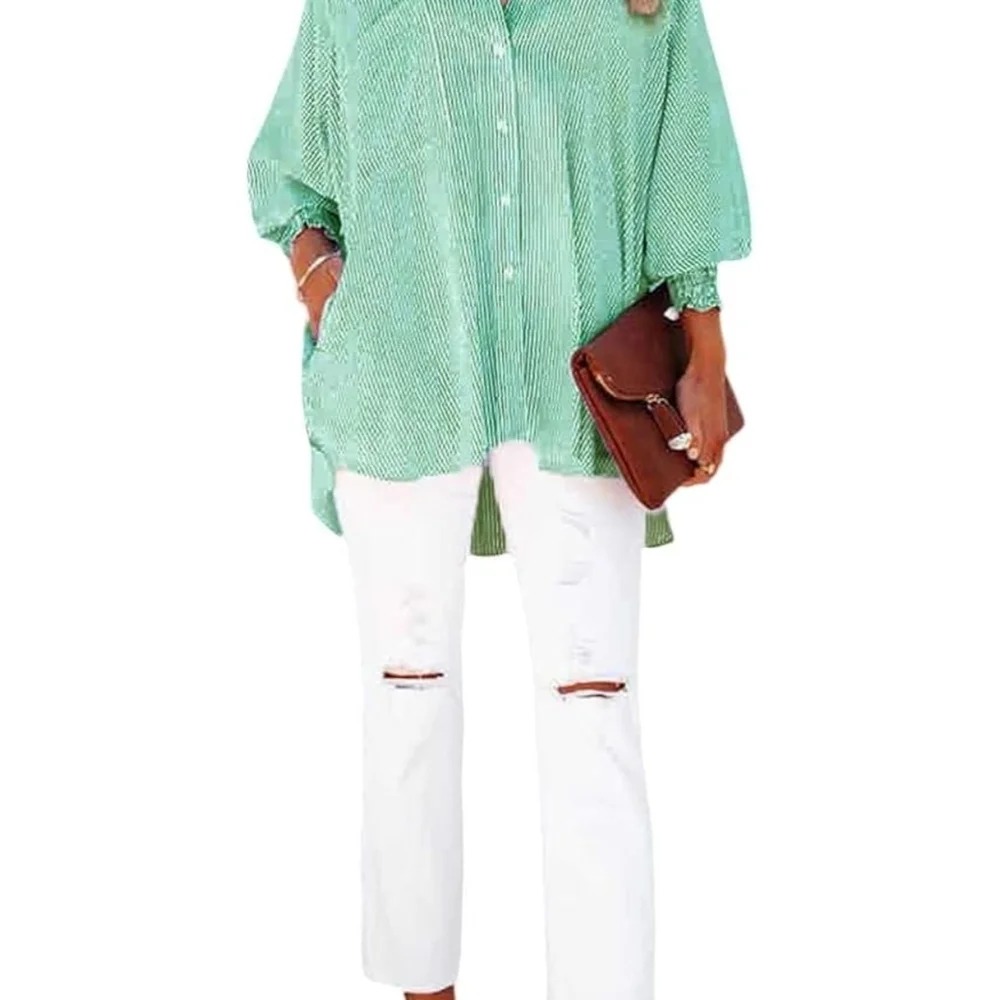 Womens Smocked Cuffed Striped Boyfriend Shirt Casual Collar Long Sleeve Oversize - Picture 2 of 5